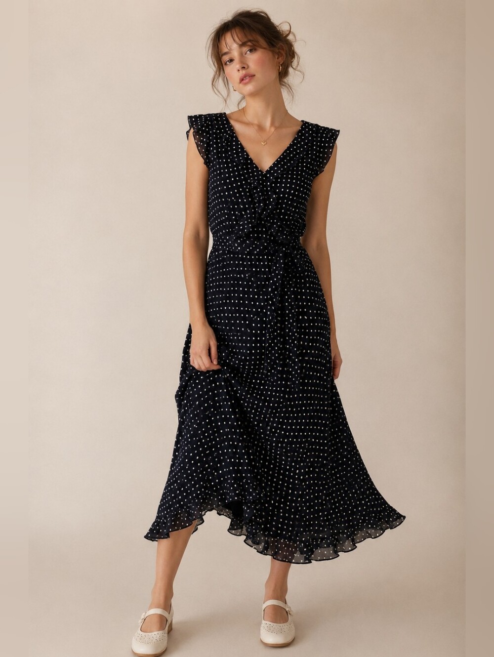 Y2K Jane Alexander Polka Dot Midi Dress Size 10 Flutter Sleeve Ruffle Tie Waist